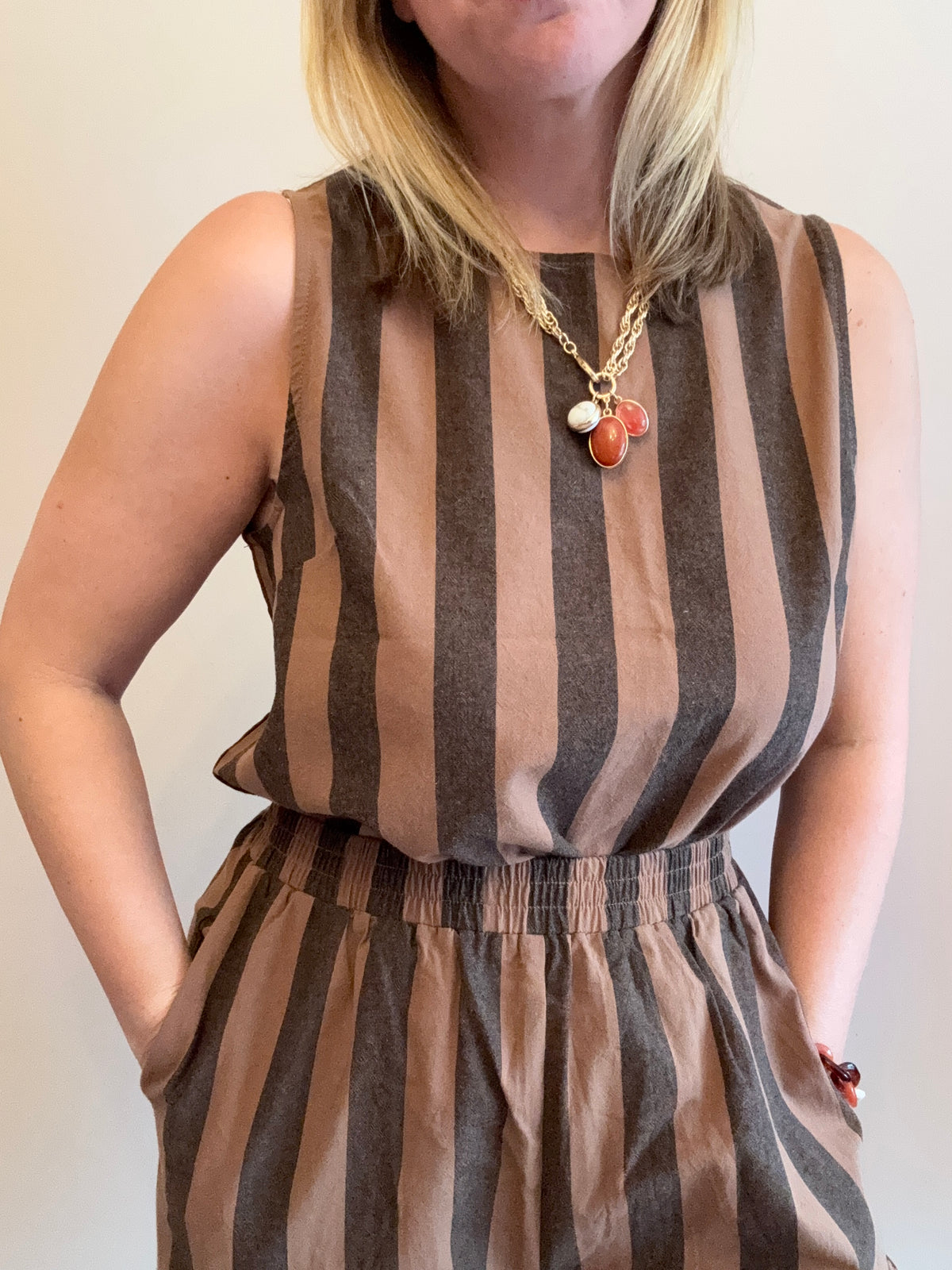 Brown & Charcoal Striped Wide-Leg Coord