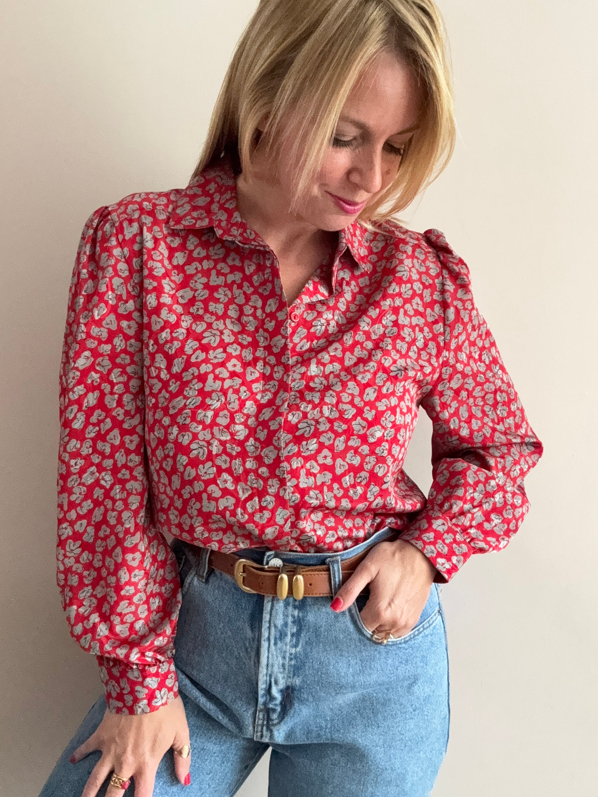 Vintage 1980s Red Floral Print Blouse