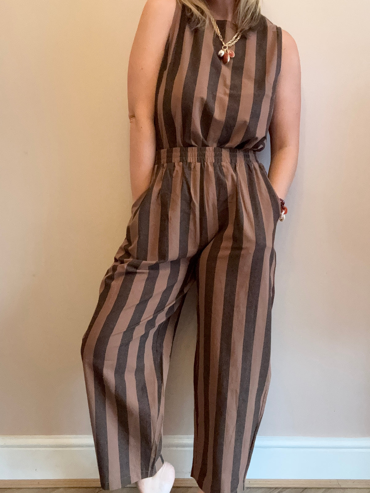 Brown & Charcoal Striped Wide-Leg Coord