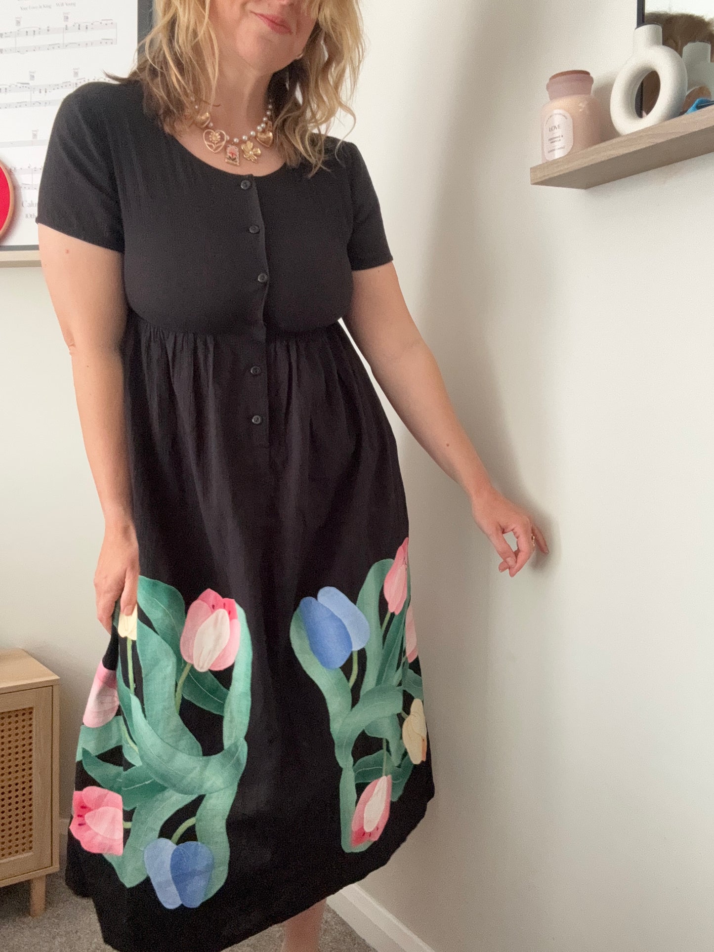 Vintage ‘Liz Claiborne’ cotton & linen hand-sewn appliqué dress