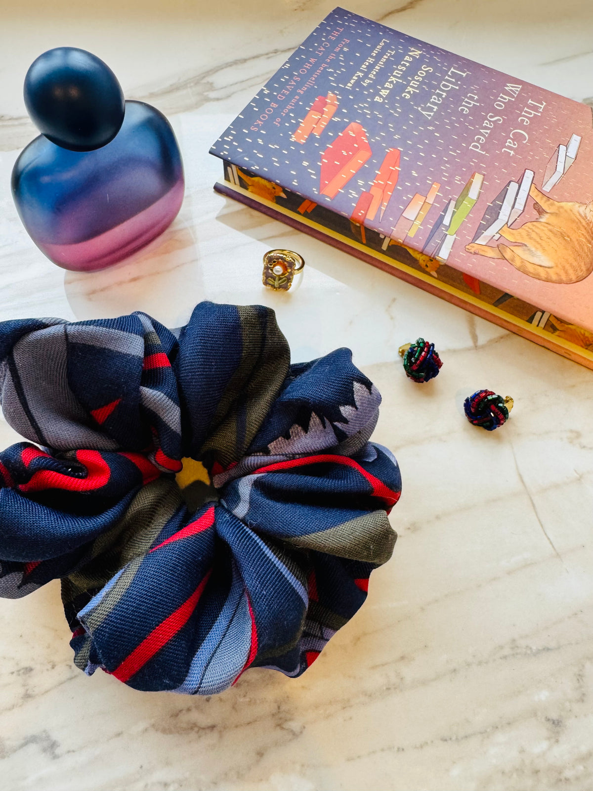 ‘Bookish’ moody blues scrunchie