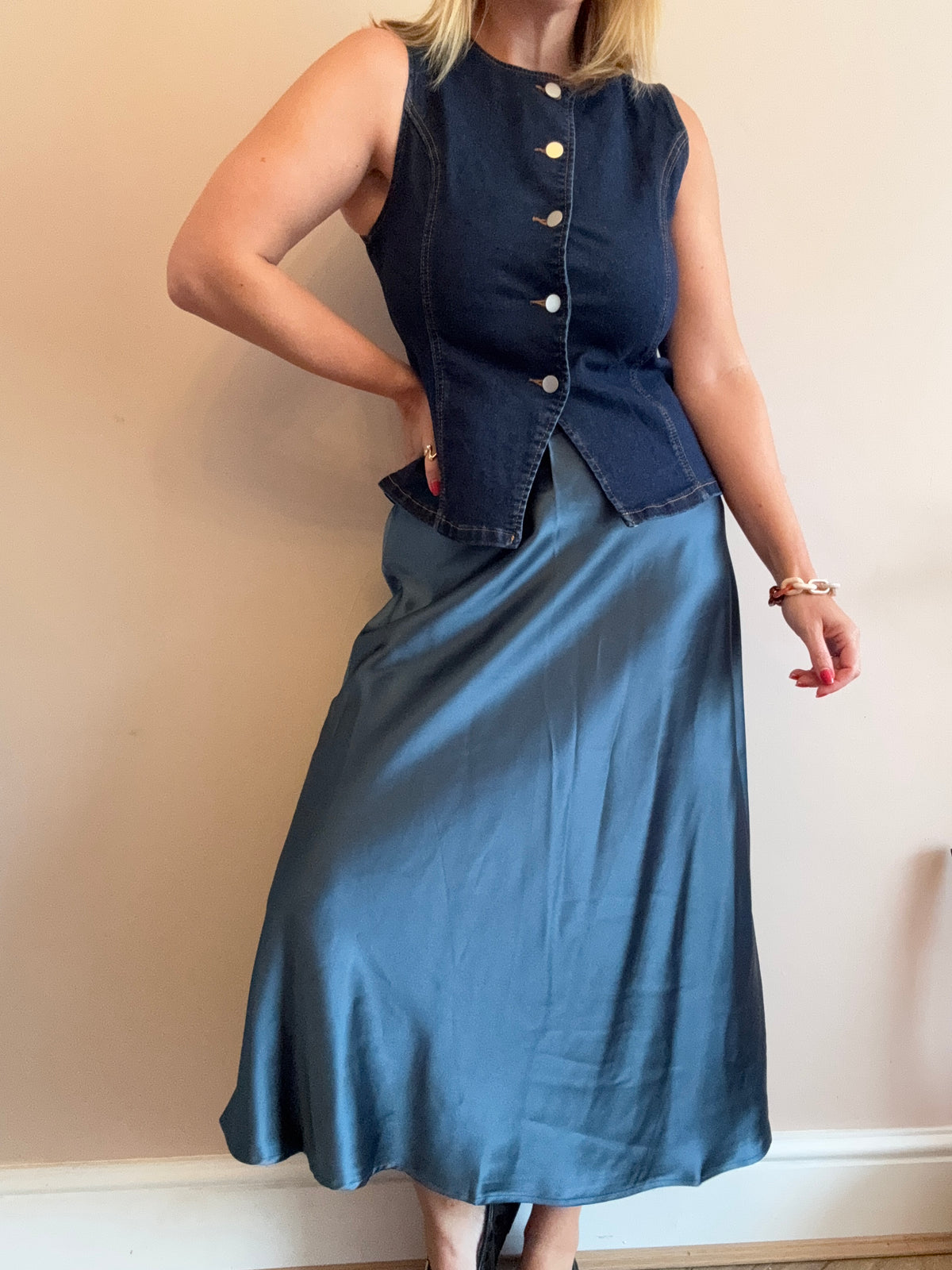 Petrol Blue Satin Slip Skirt