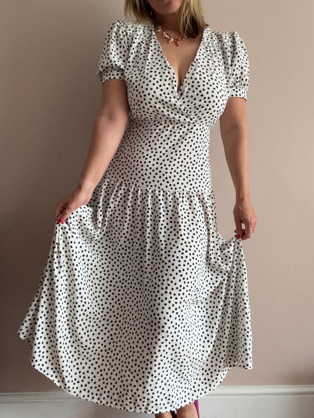 White & Black Spot Print Midi Dress