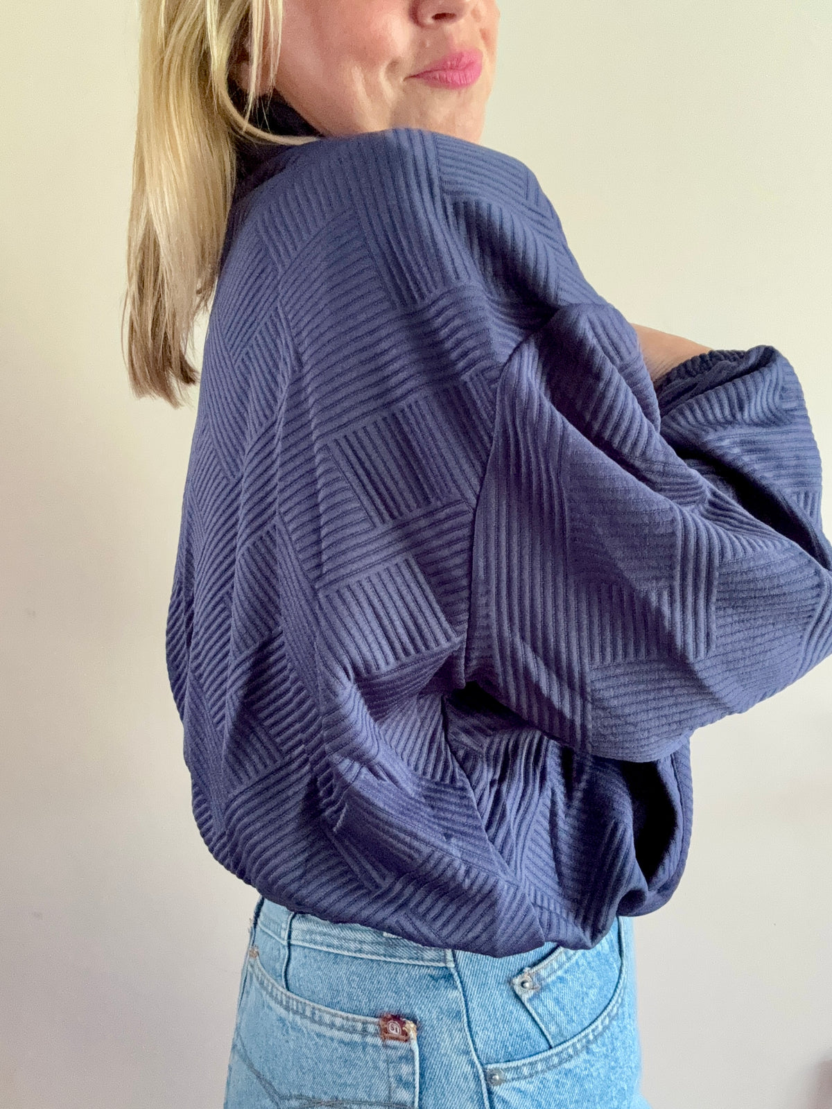 Navy Blue Textured Zip-Up Jacket