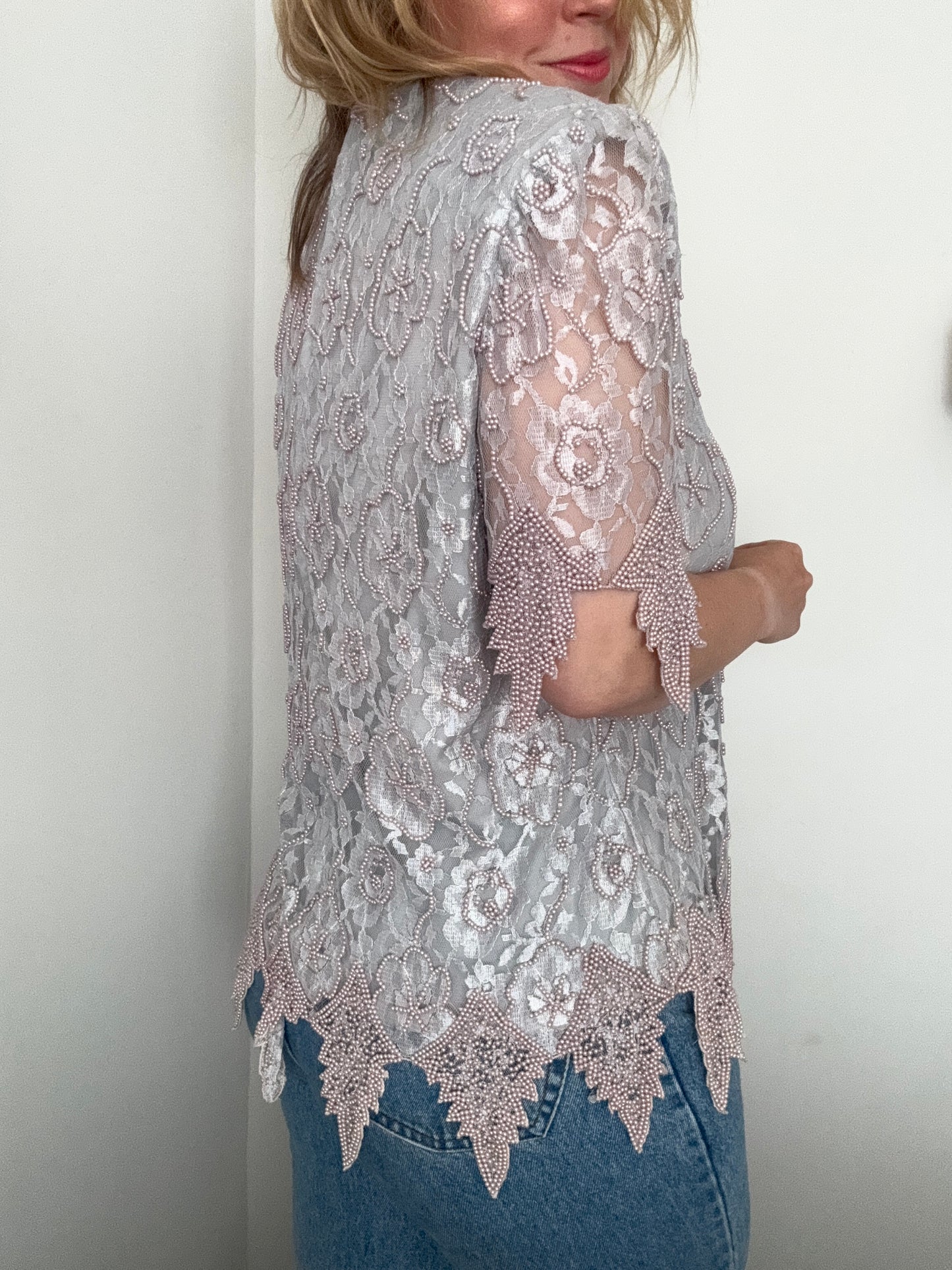 Vintage grey floral lace beaded top
