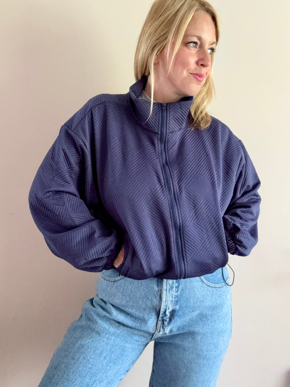 Navy Blue Textured Zip-Up Jacket