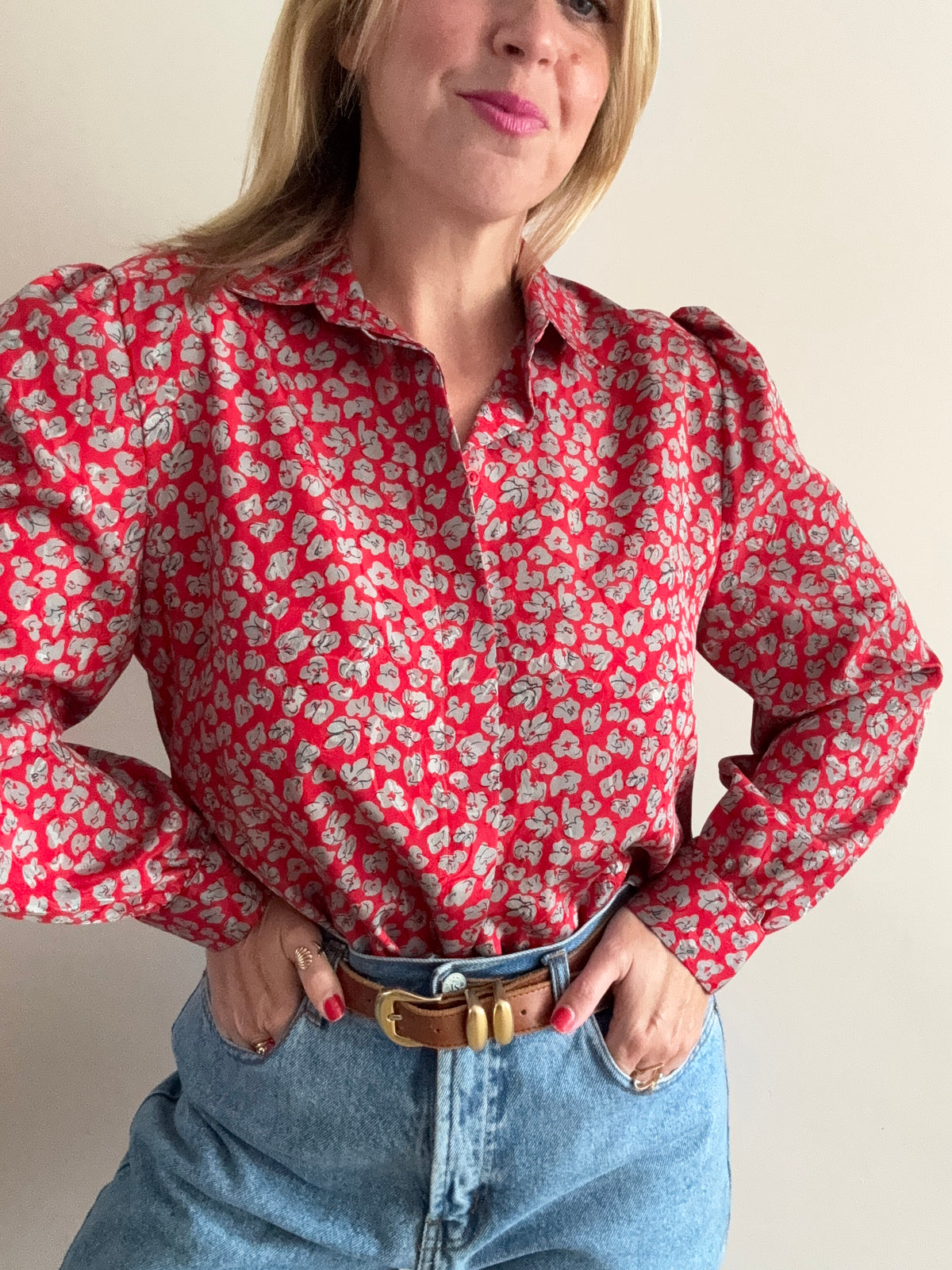 Vintage 1980s Red Floral Print Blouse