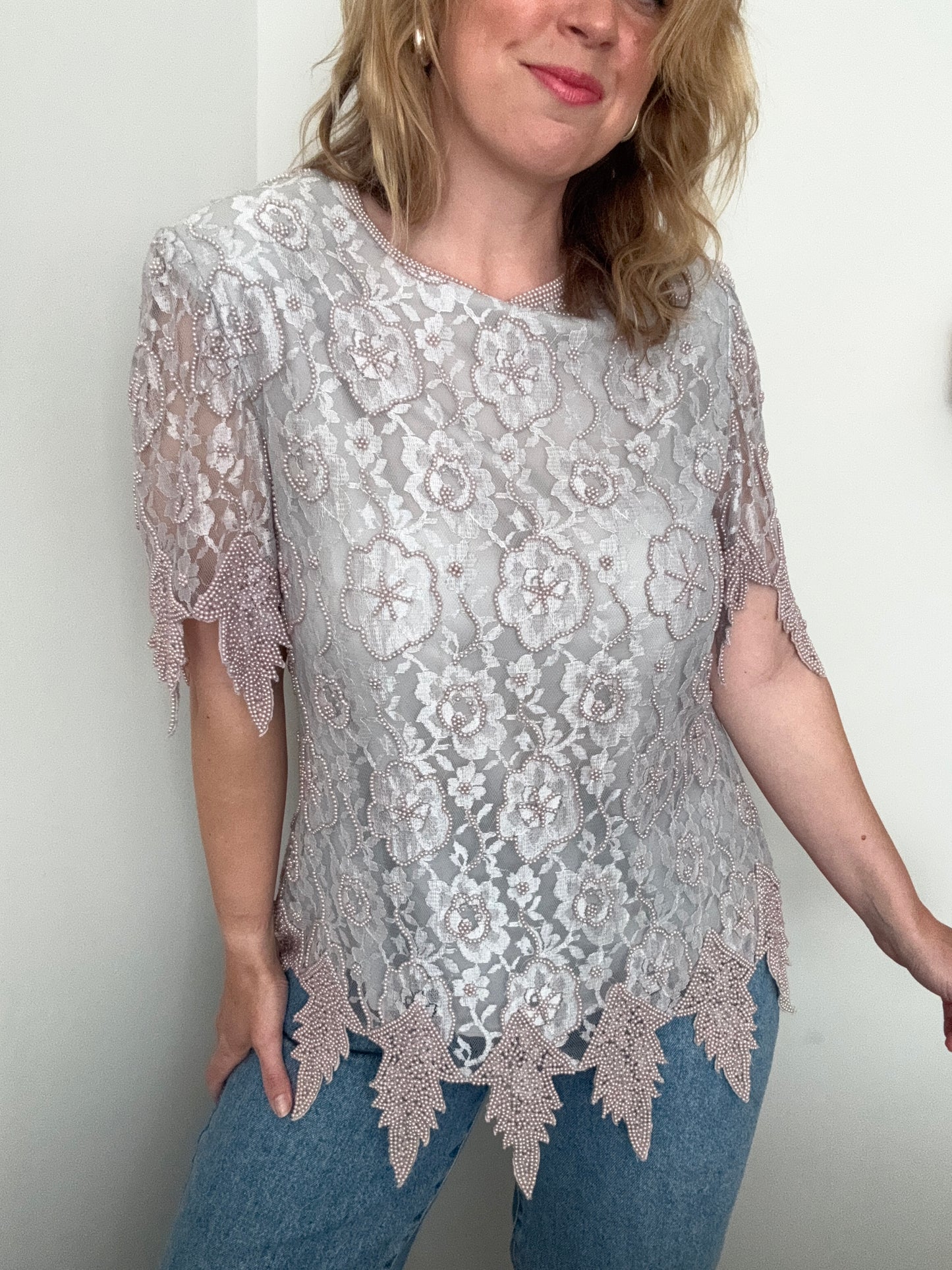 Vintage grey floral lace beaded top
