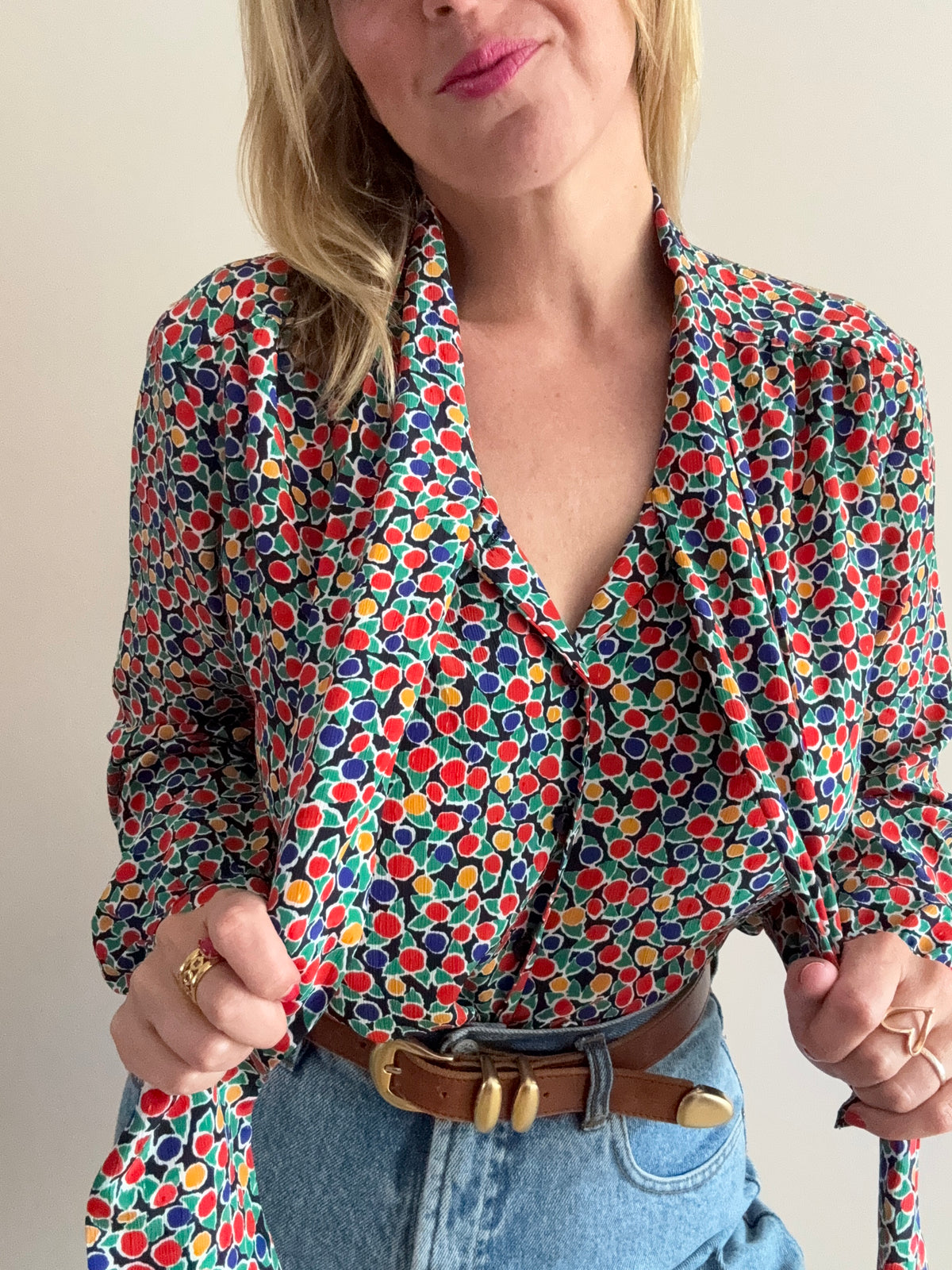 1980s Colourful Printed Tie-Neck Blouse