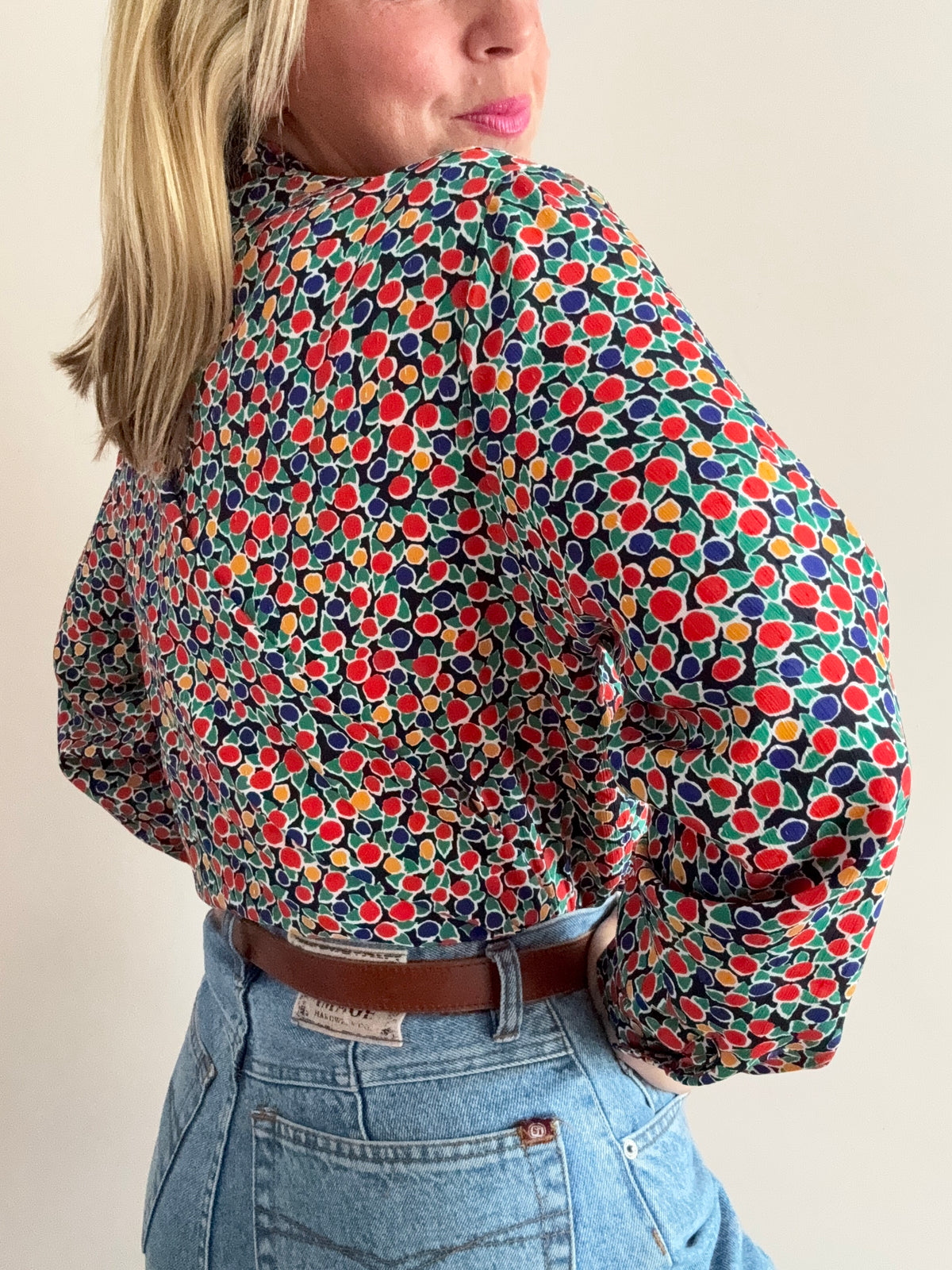 1980s Colourful Printed Tie-Neck Blouse