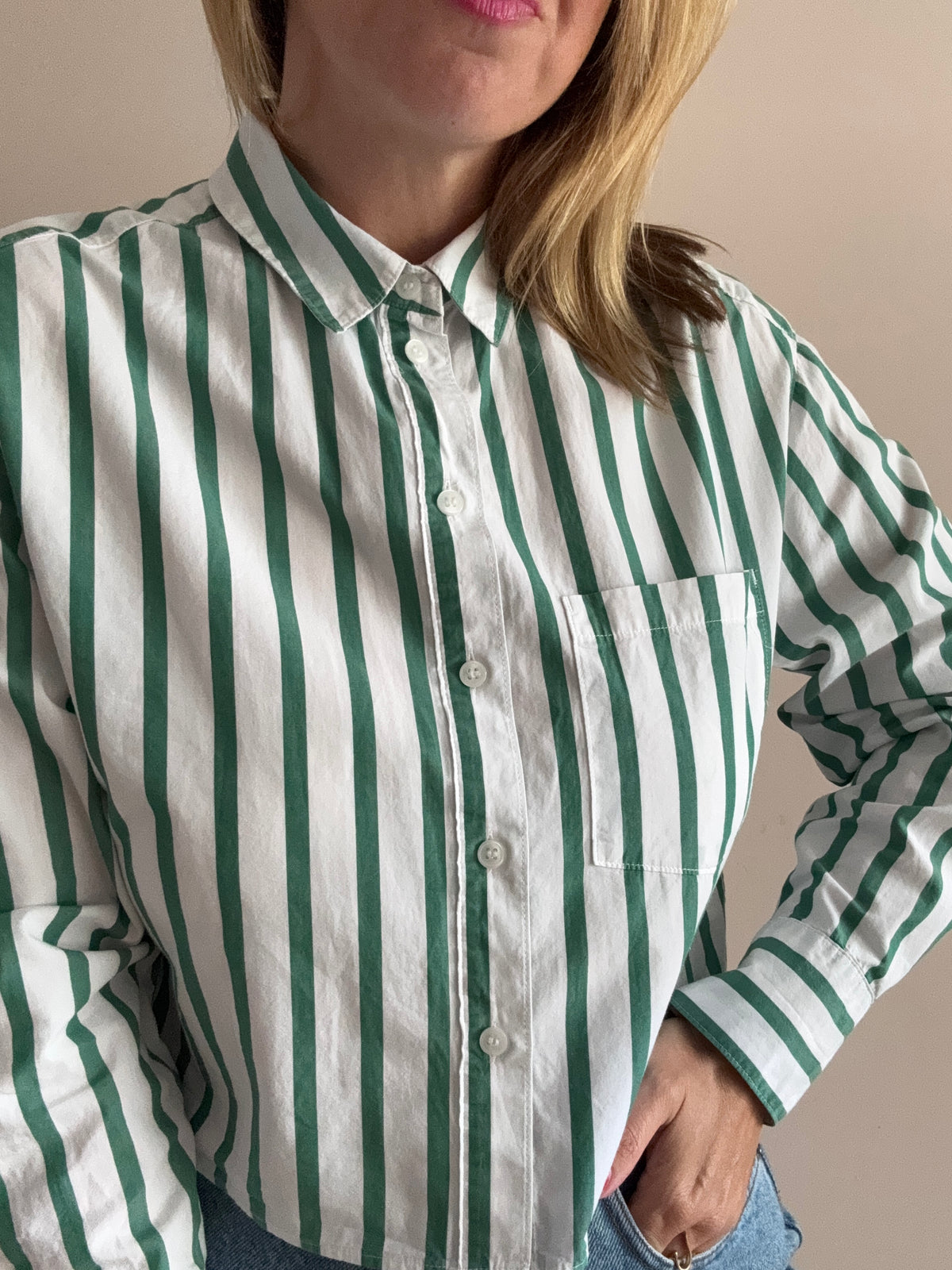 Cotton Green & White Striped Cropped Shirt