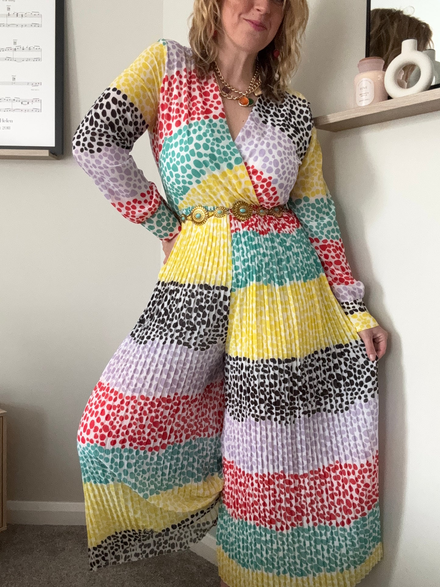 Multicolour pleated wide leg jumpsuit