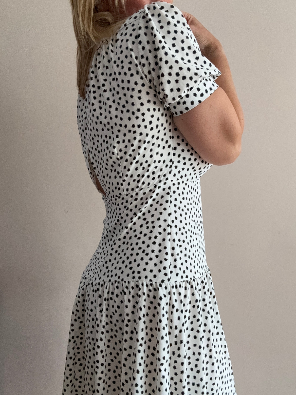 White & Black Spot Print Midi Dress
