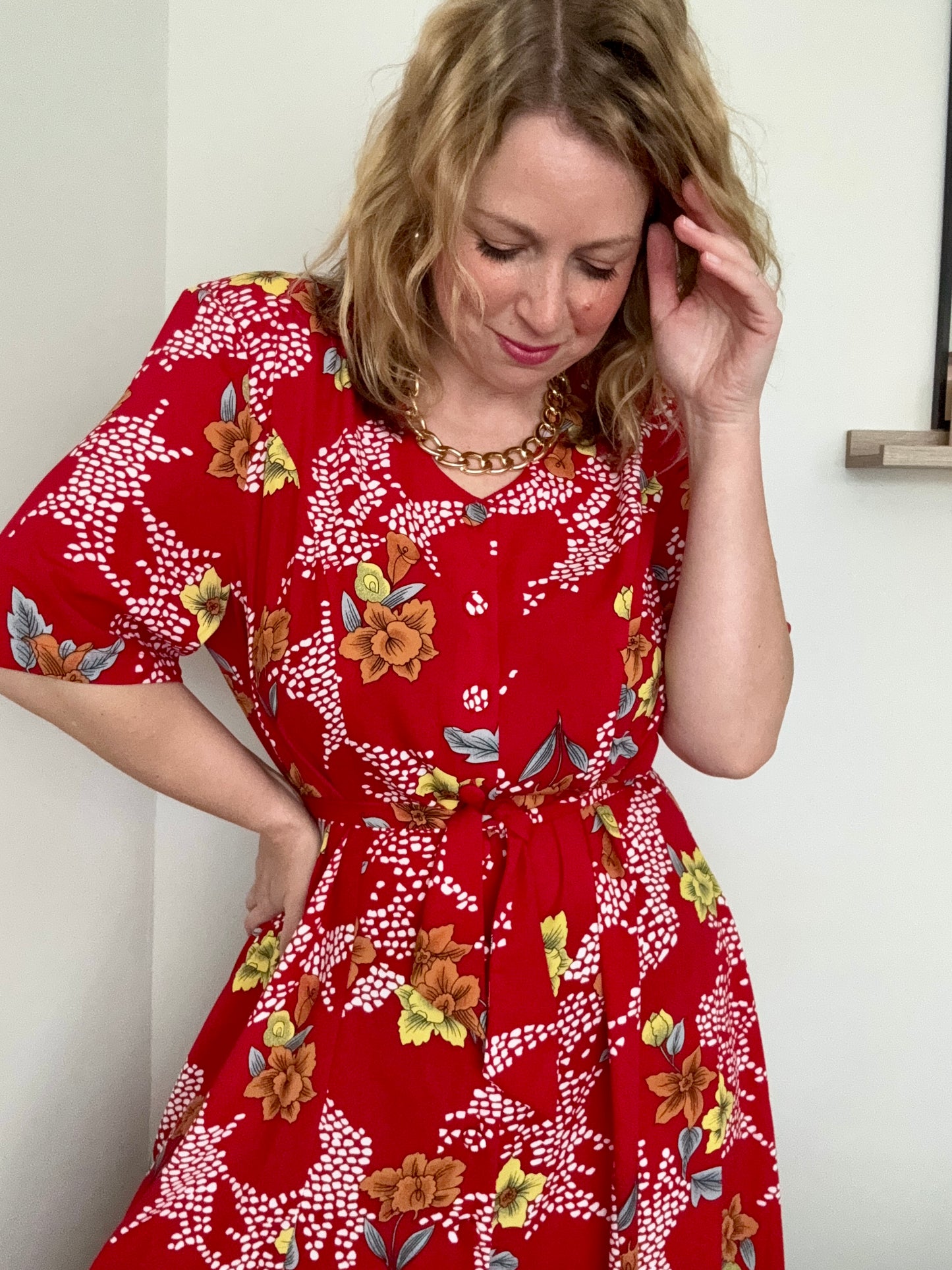 Vintage ‘daffodil & lily’ midi button down dress