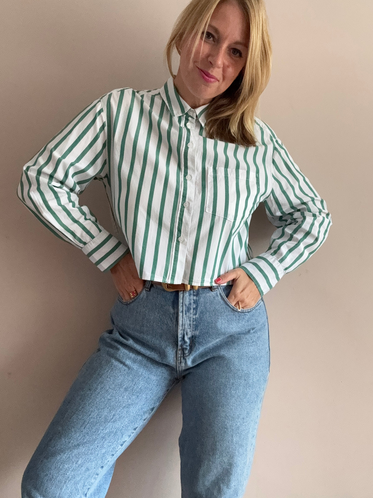 Cotton Green & White Striped Cropped Shirt