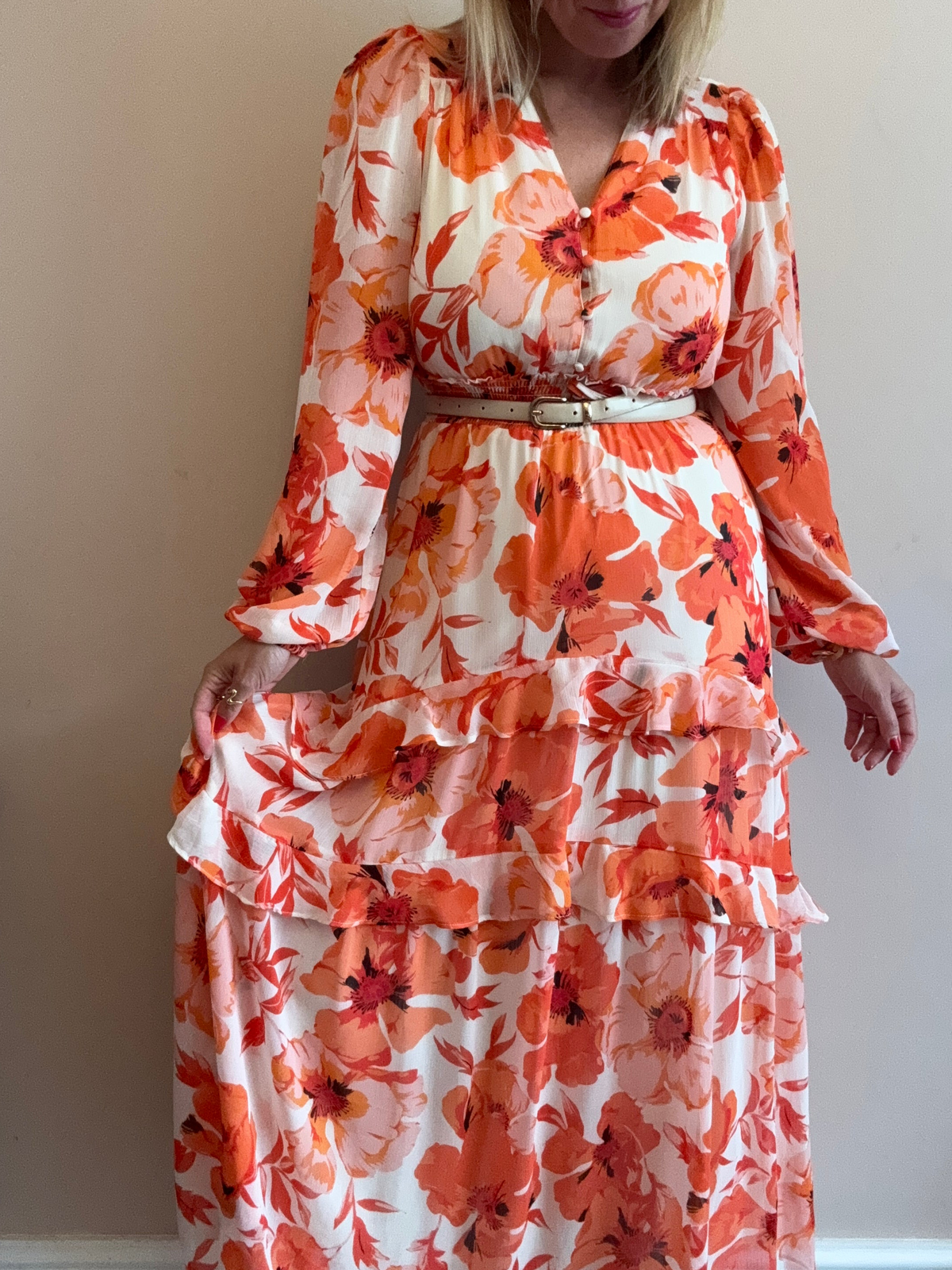 Orange & Coral Floral Tiered Maxi Dress