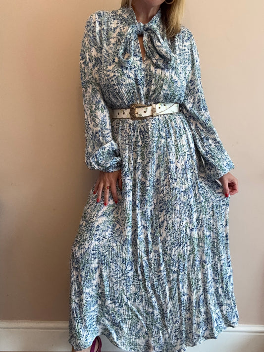 Blue & White Pleated Maxi Dress