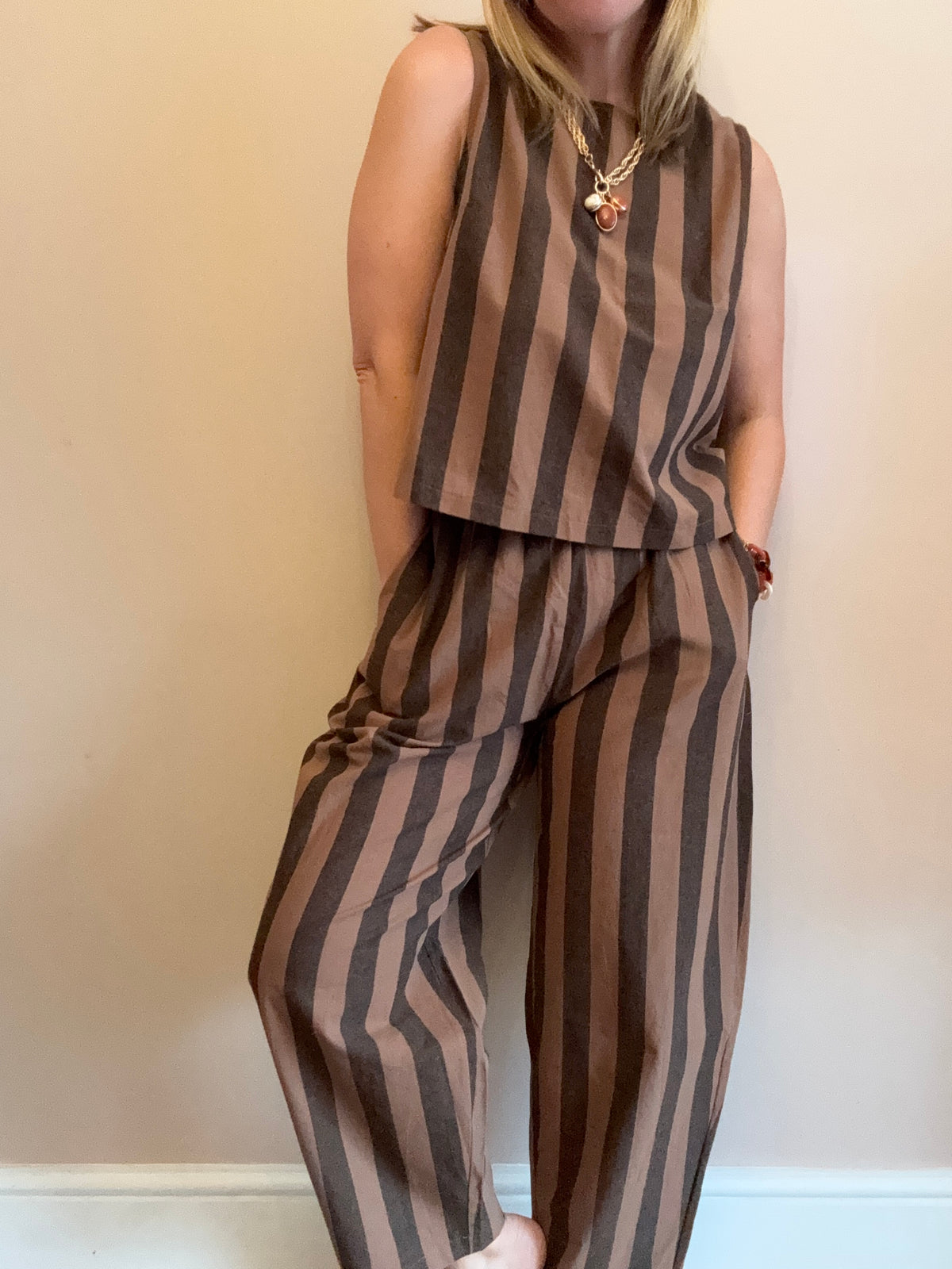 Brown & Charcoal Striped Wide-Leg Coord