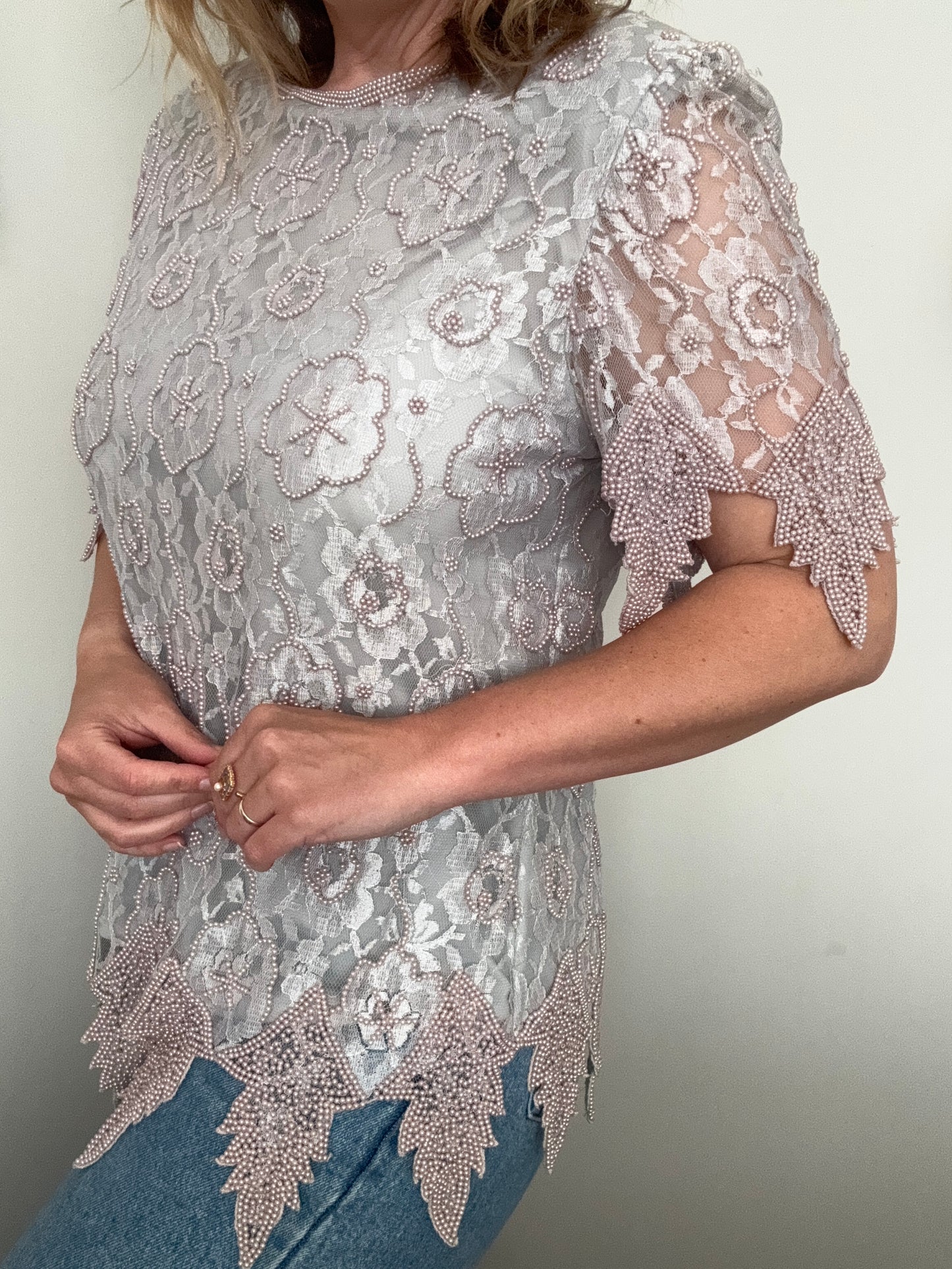 Vintage grey floral lace beaded top