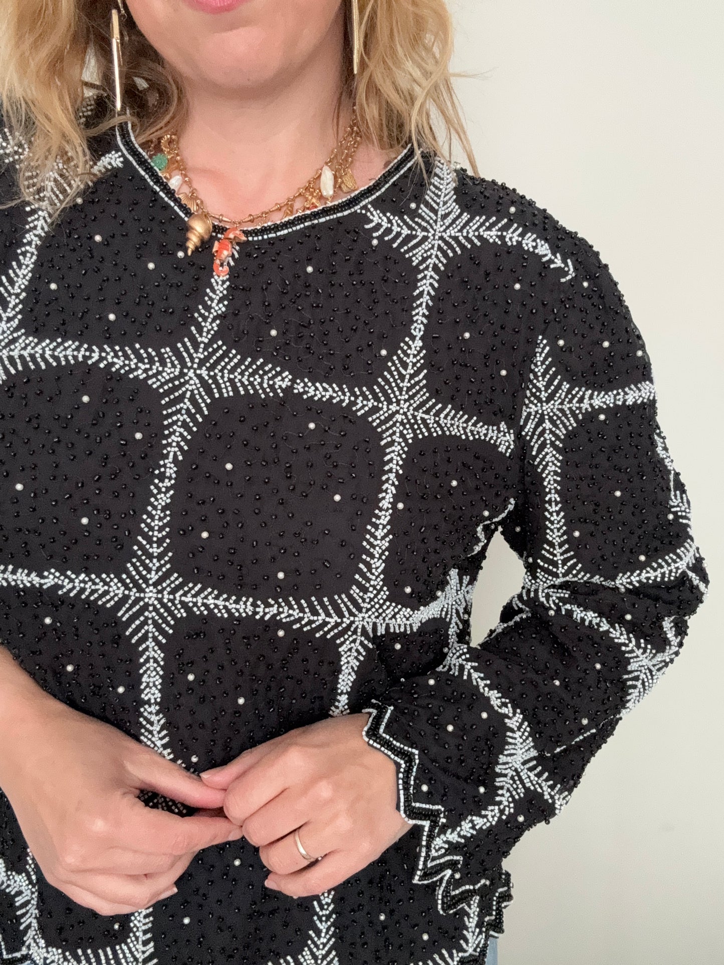 Vintage black beaded ‘windowpane’ silk blouse