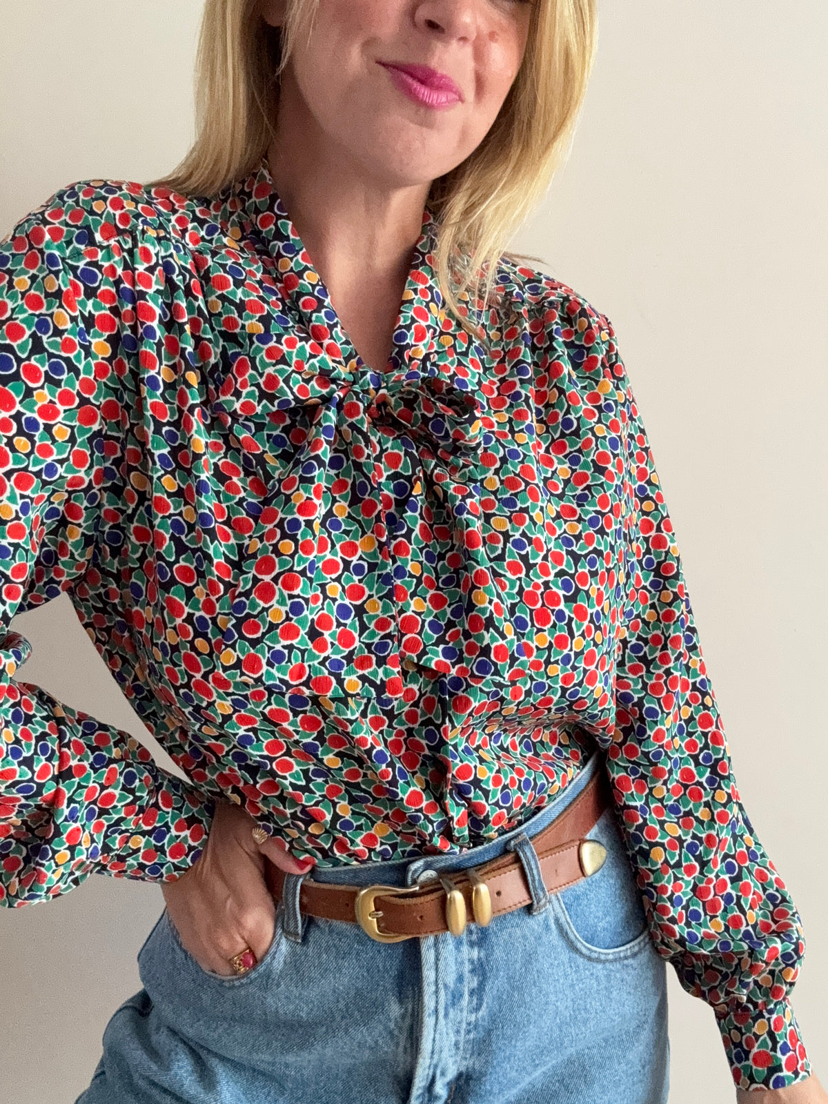 1980s Colourful Printed Tie-Neck Blouse