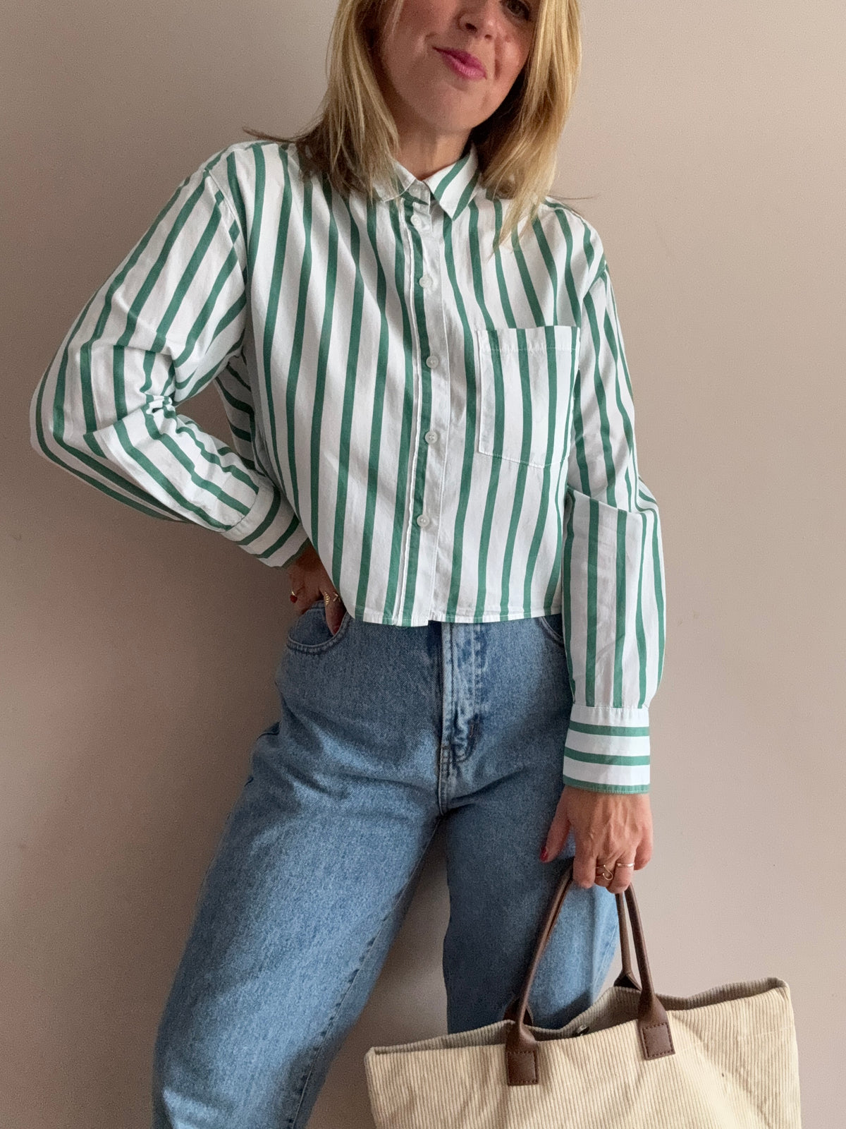 Cotton Green & White Striped Cropped Shirt