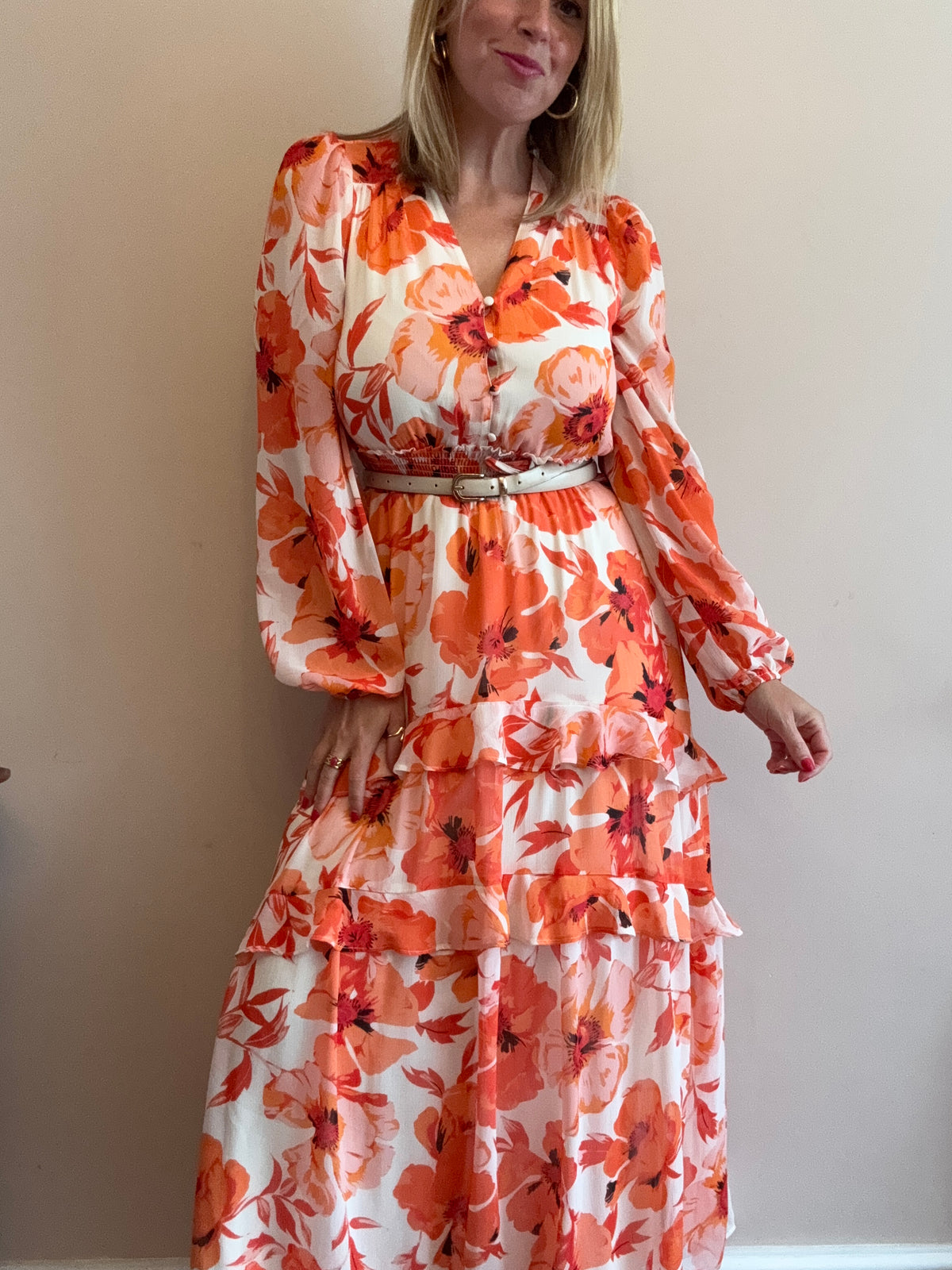 Orange & Coral Floral Tiered Maxi Dress