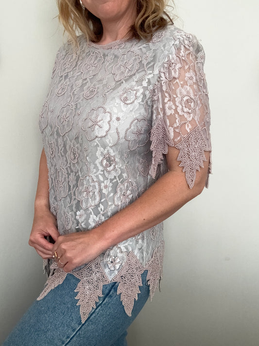 Vintage grey floral lace beaded top