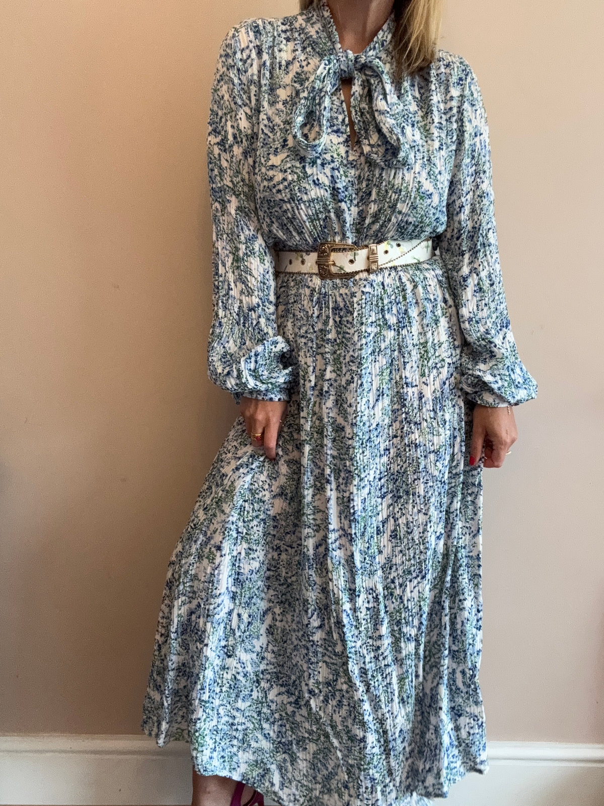 Blue & White Pleated Maxi Dress
