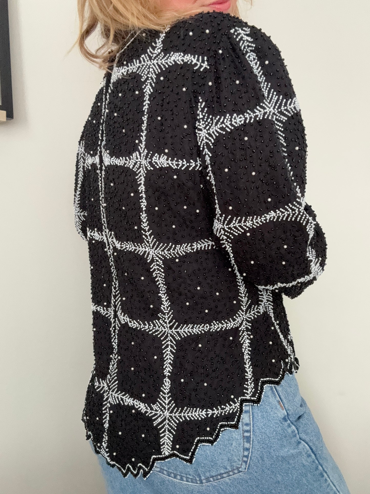 Vintage black beaded ‘windowpane’ silk blouse