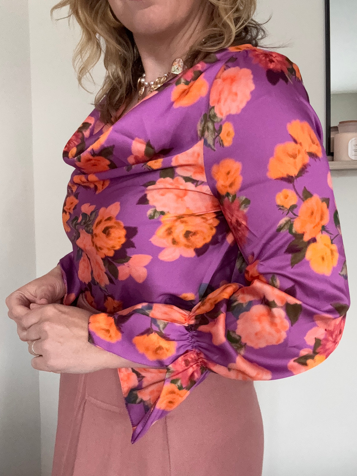 Floral satin cowl neck top