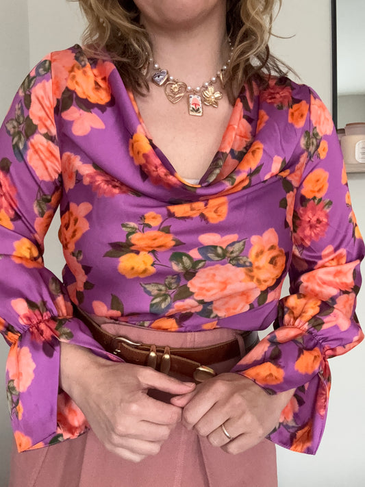 Floral satin cowl neck top