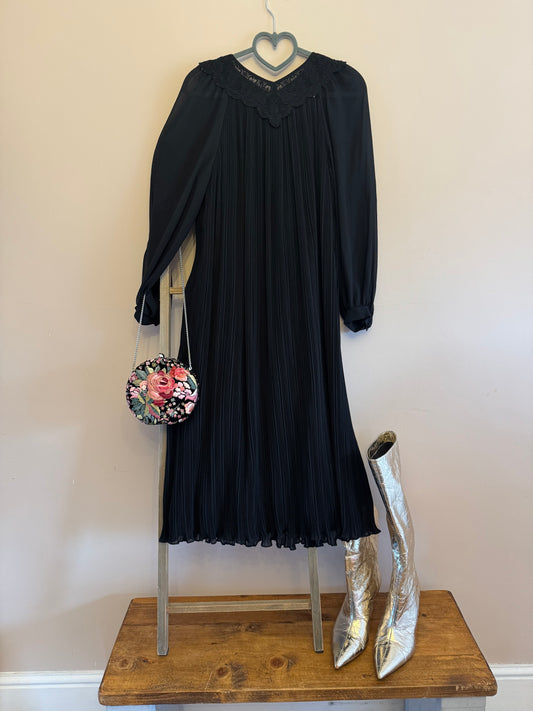 Vintage black pleated smock dress