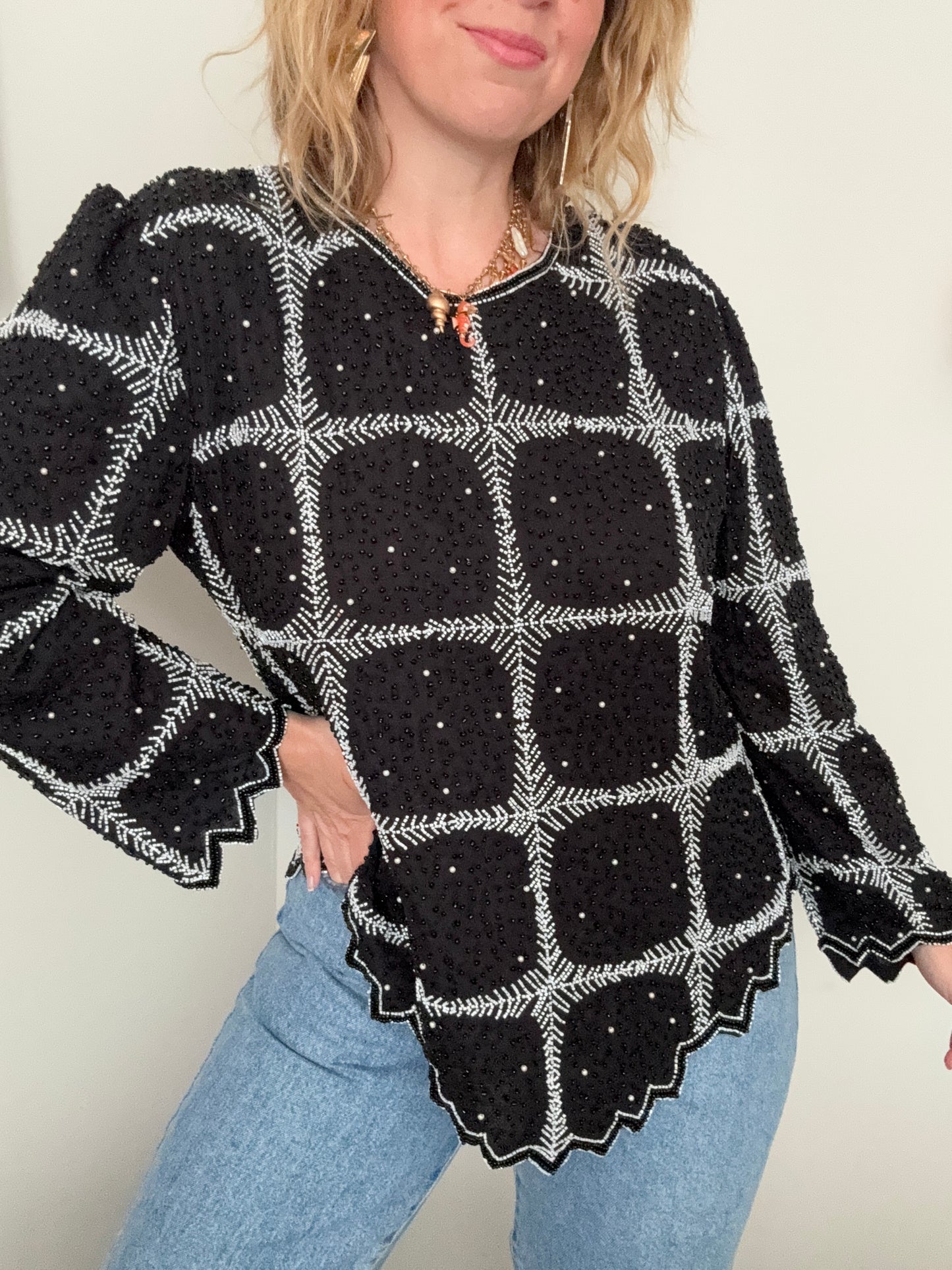 Vintage black beaded ‘windowpane’ silk blouse