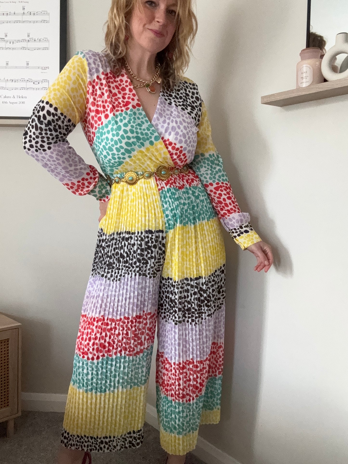 Multicolour pleated wide leg jumpsuit