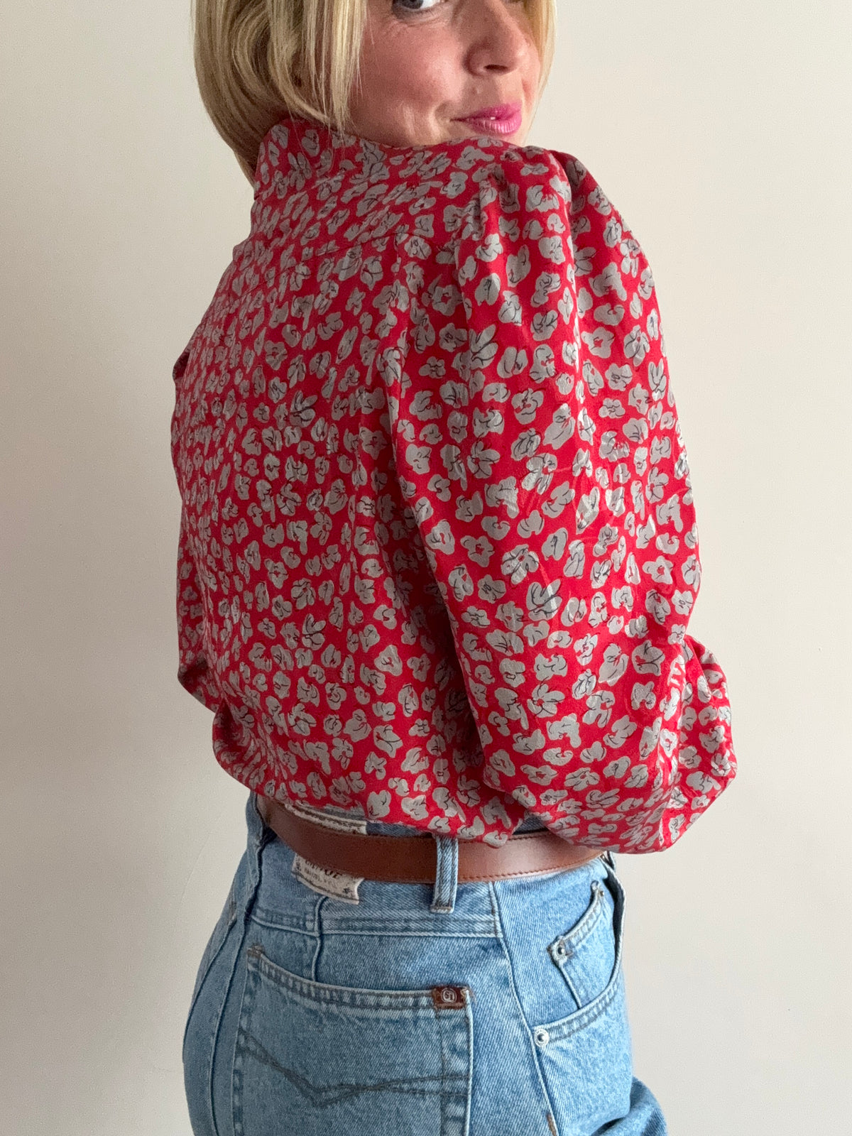 Vintage 1980s Red Floral Print Blouse