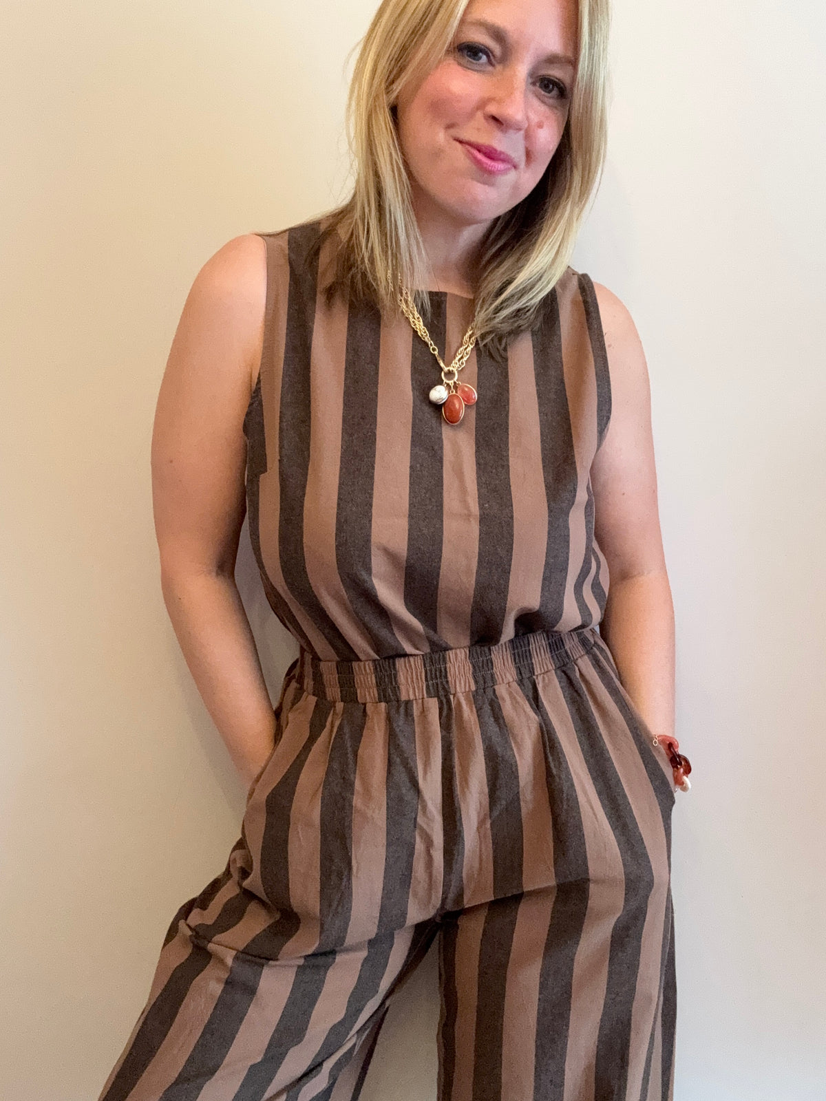 Brown & Charcoal Striped Wide-Leg Coord