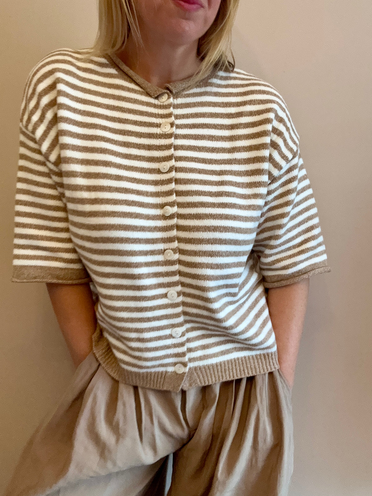Cream & Taupe Striped Button-Front Knit Cardigan