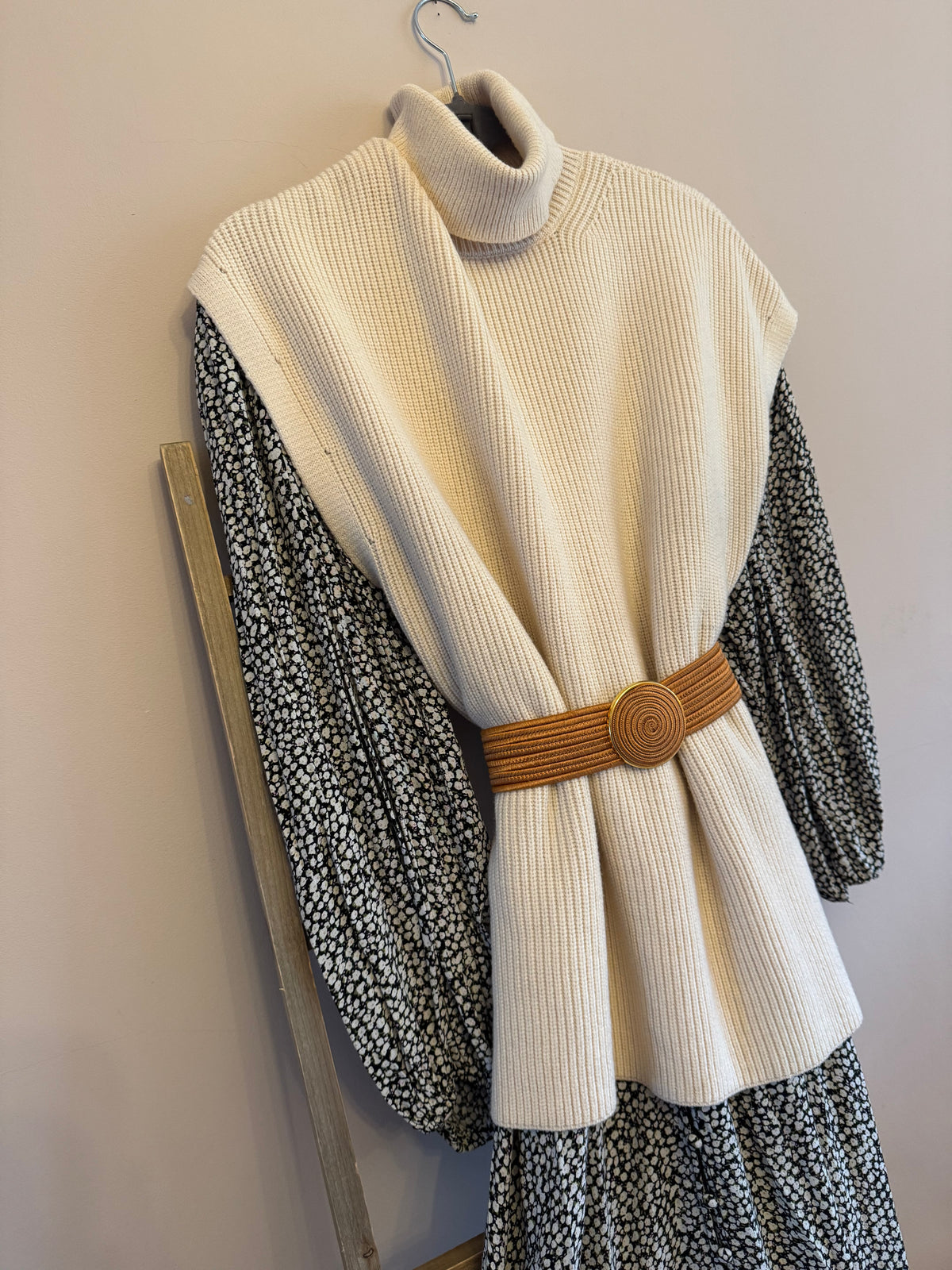 Cream roll neck sleeveless knit