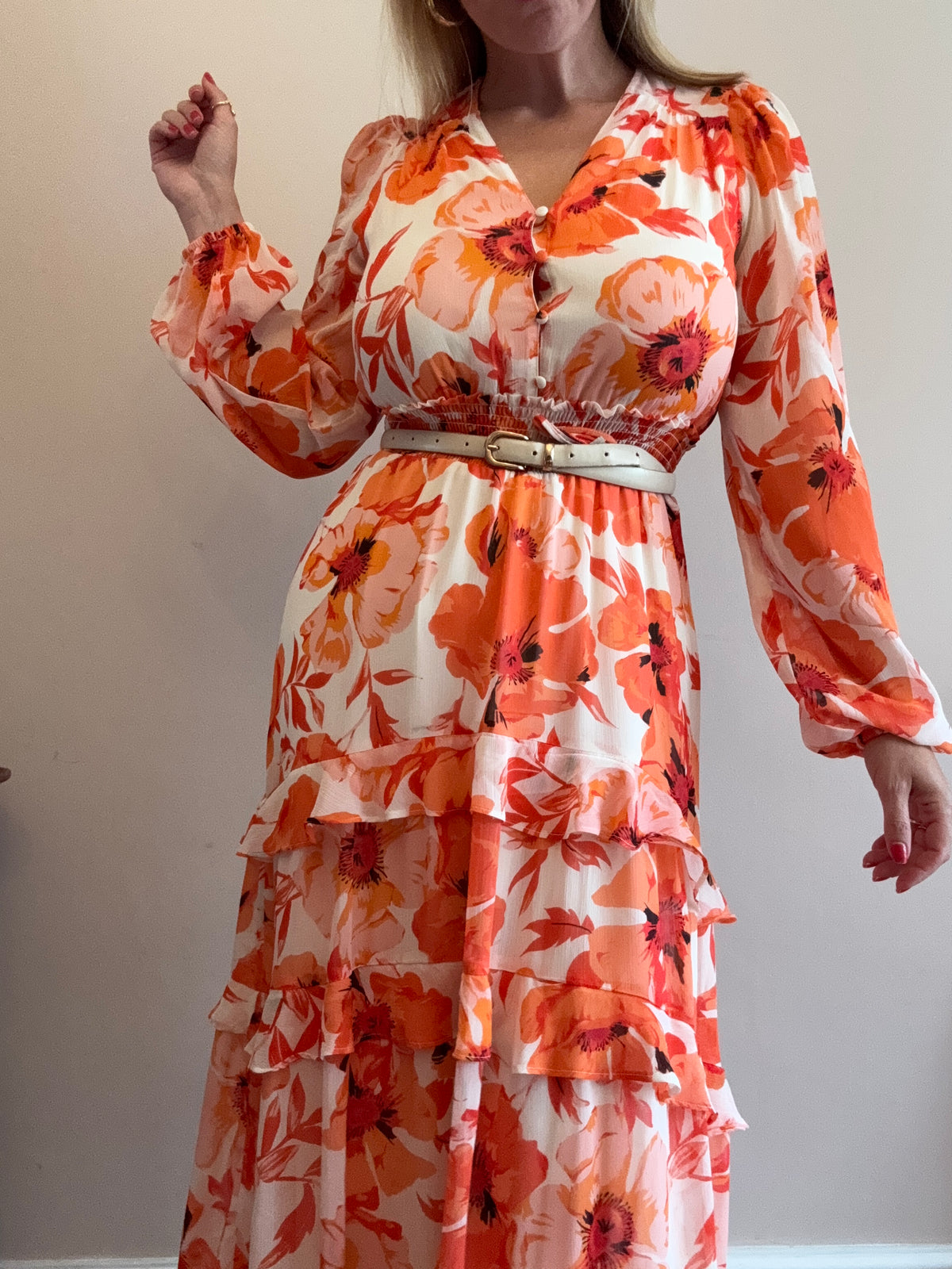 Orange & Coral Floral Tiered Maxi Dress