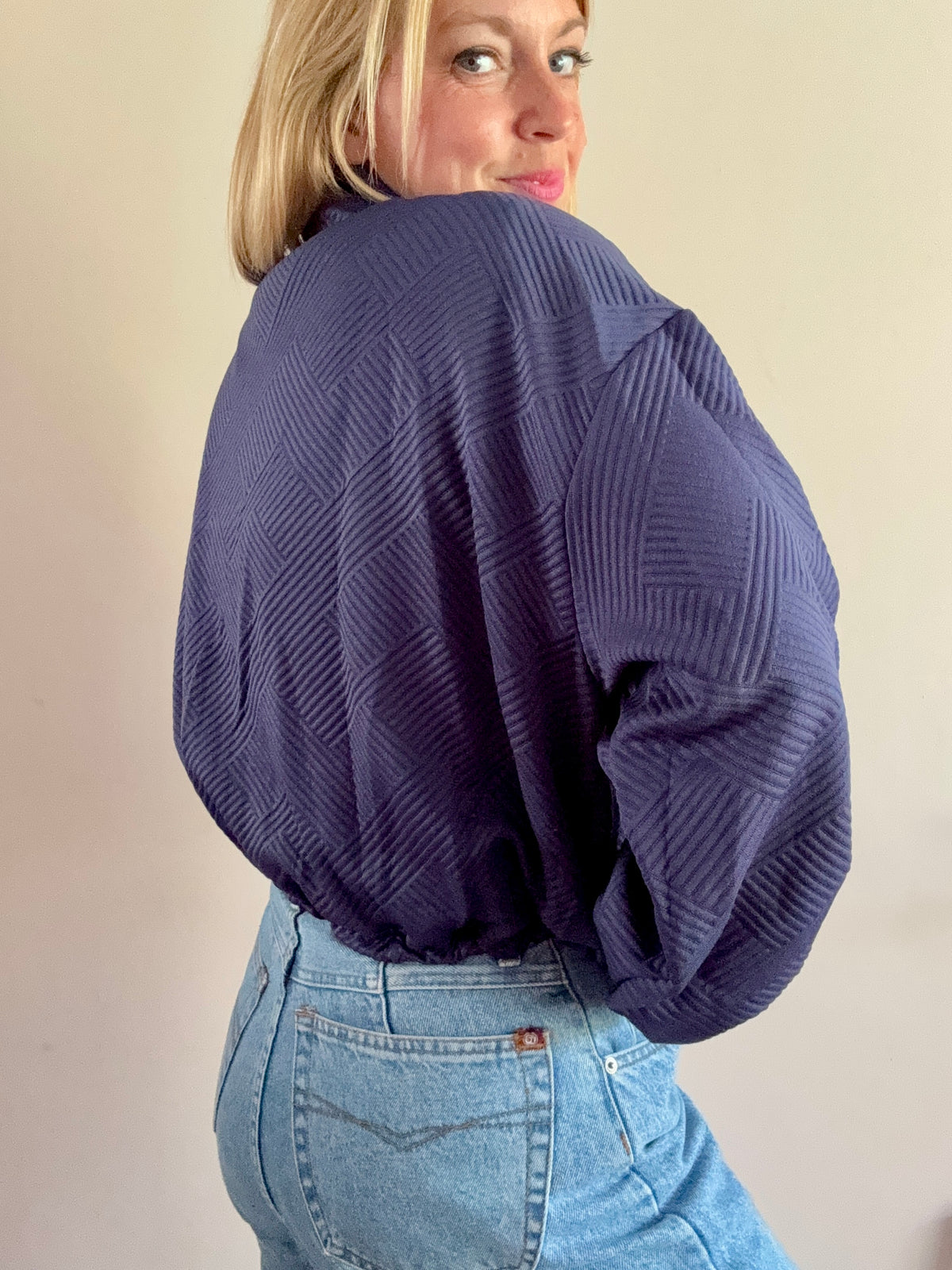 Navy Blue Textured Zip-Up Jacket