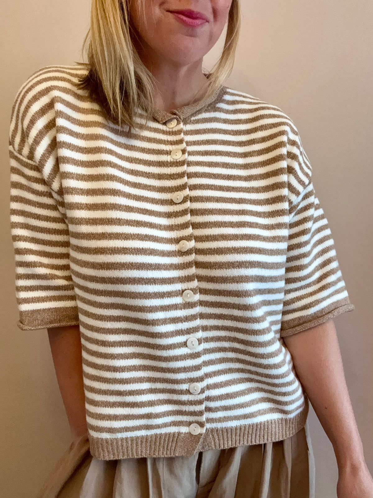 Cream & Taupe Striped Button-Front Knit Cardigan