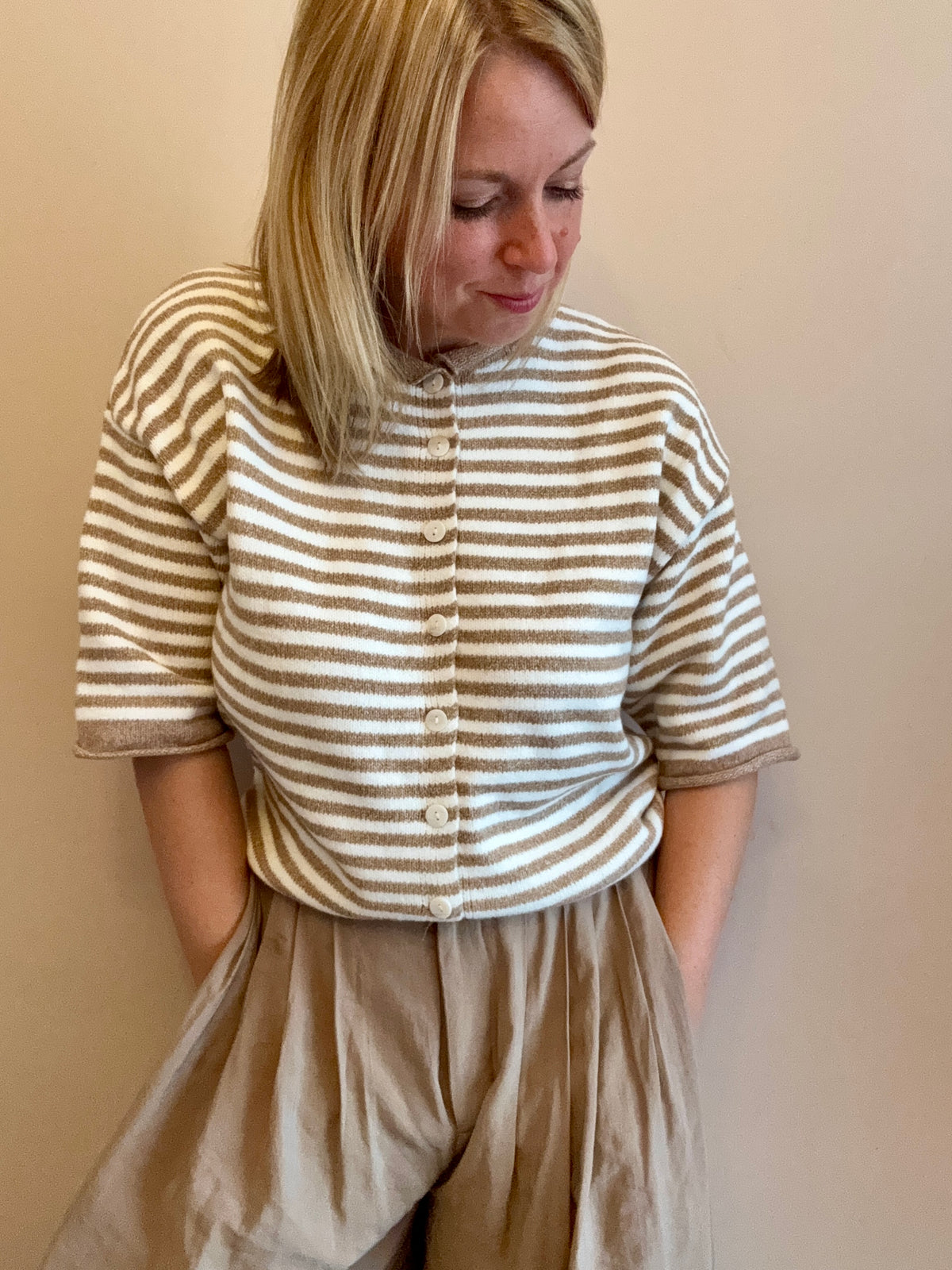 Cream & Taupe Striped Button-Front Knit Cardigan