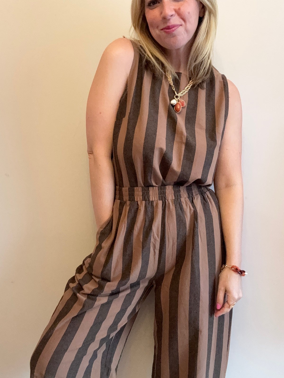 Brown & Charcoal Striped Wide-Leg Coord