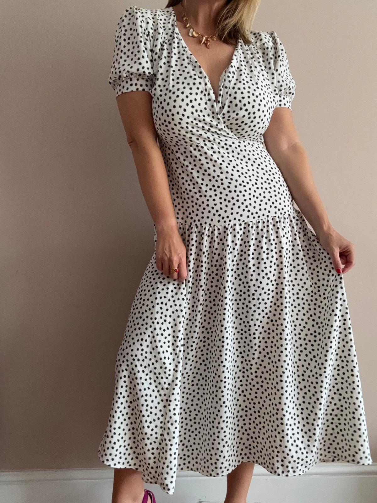 White & Black Spot Print Midi Dress