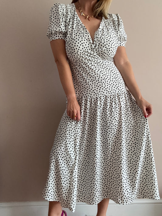 White & Black Spot Print Midi Dress