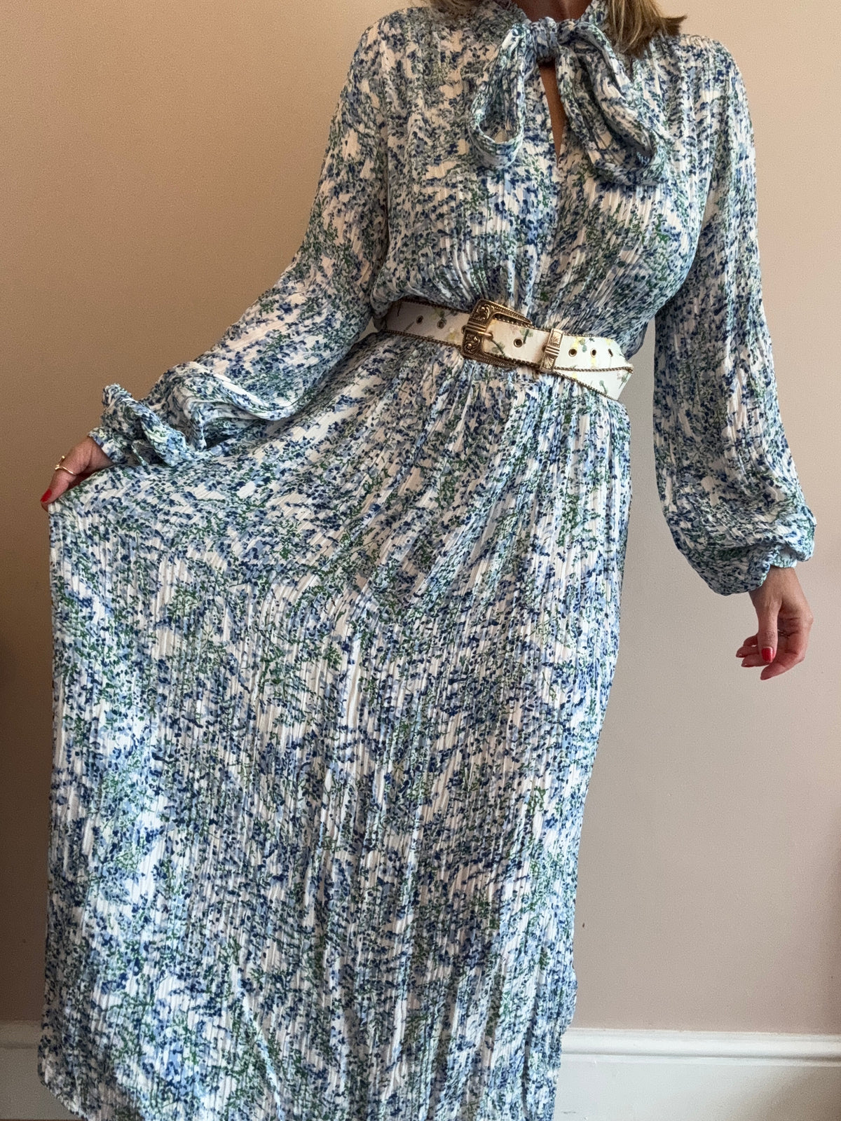 Blue & White Pleated Maxi Dress