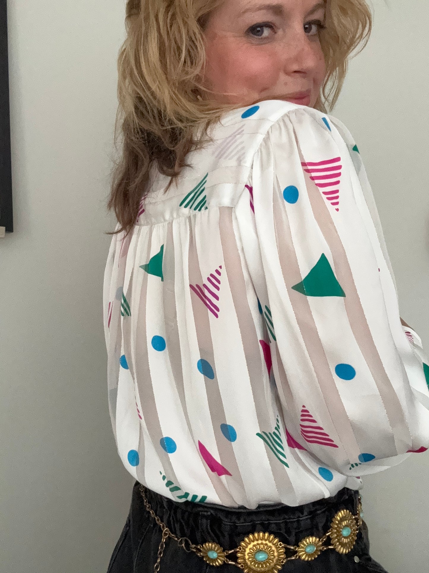 1980s ‘confetti’ pussybow shirt.