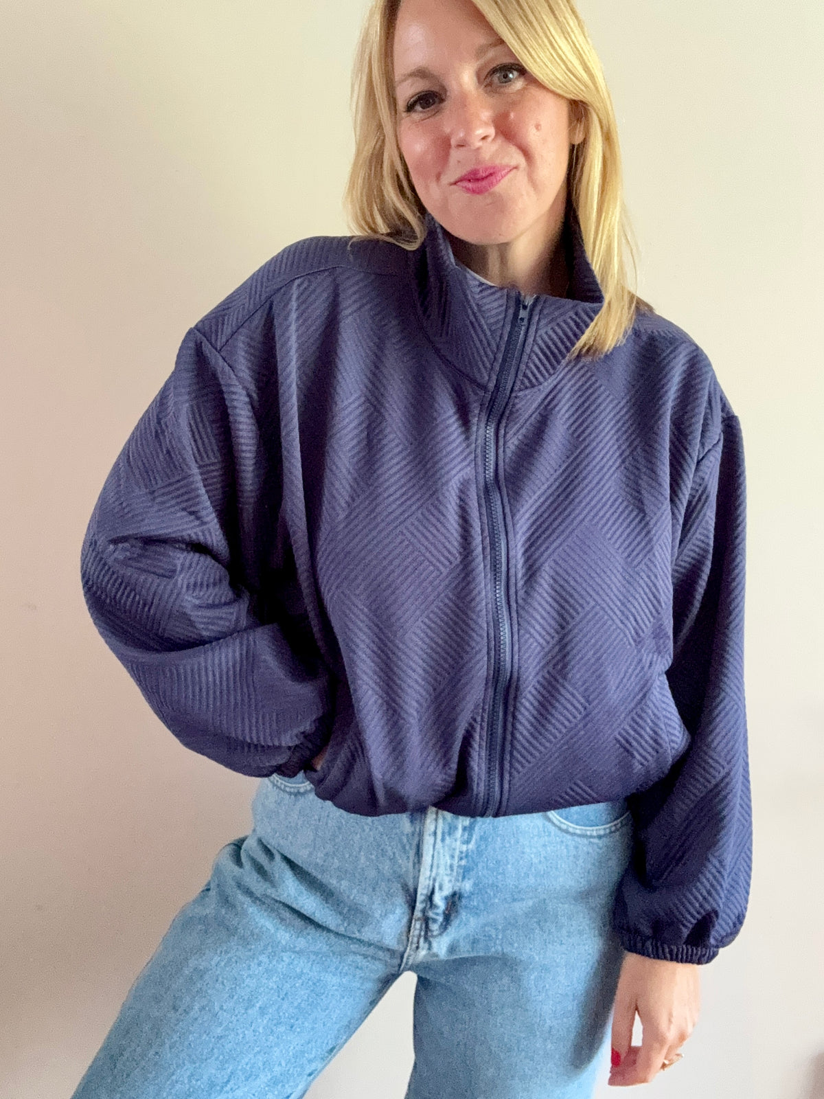 Navy Blue Textured Zip-Up Jacket