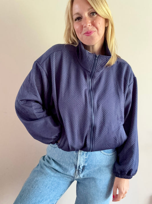 Navy Blue Textured Zip-Up Jacket